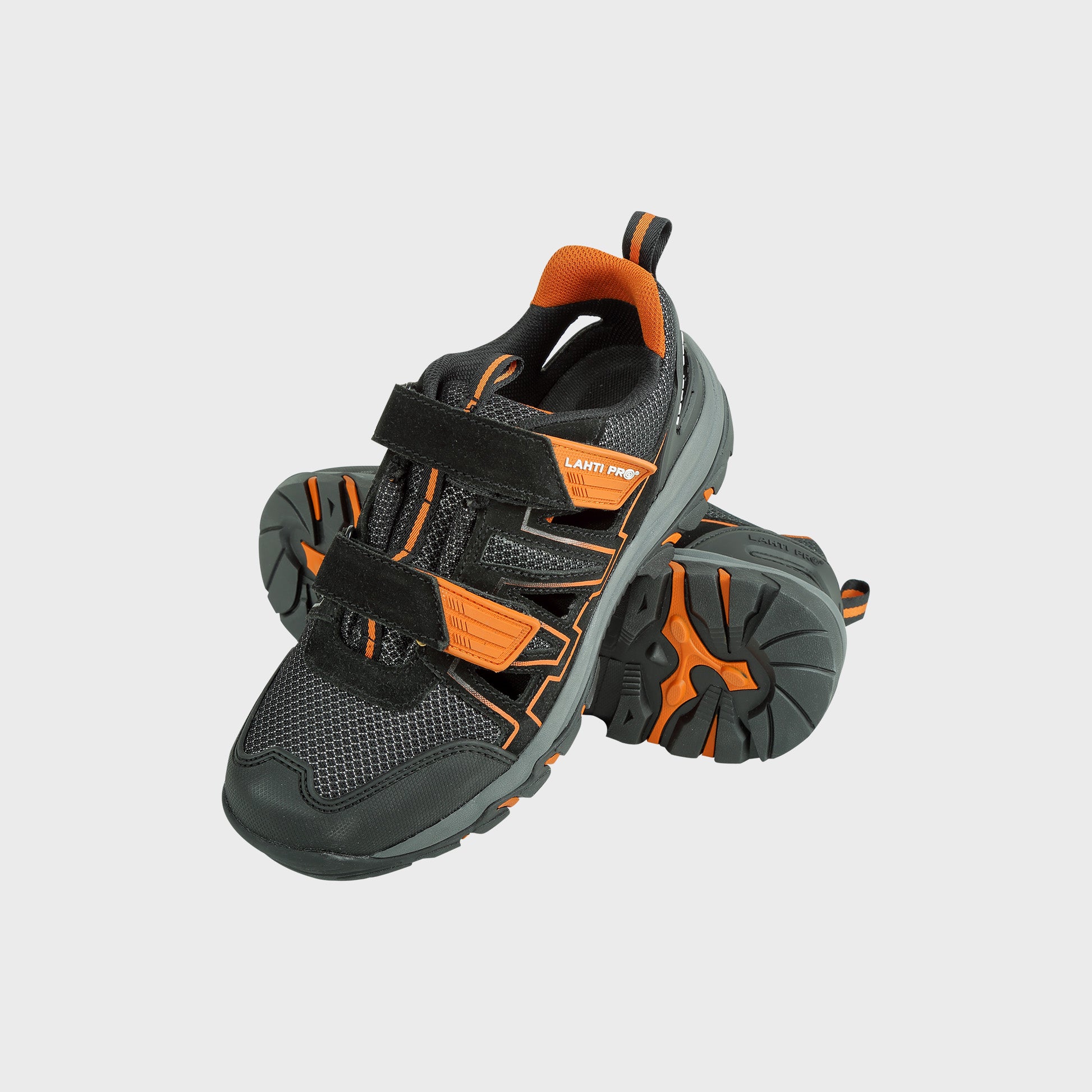 Sandały bez podnoska O1 Lahti Pro L30606 – czarno-szaro-pomarańczowe, obuwie zawodowe